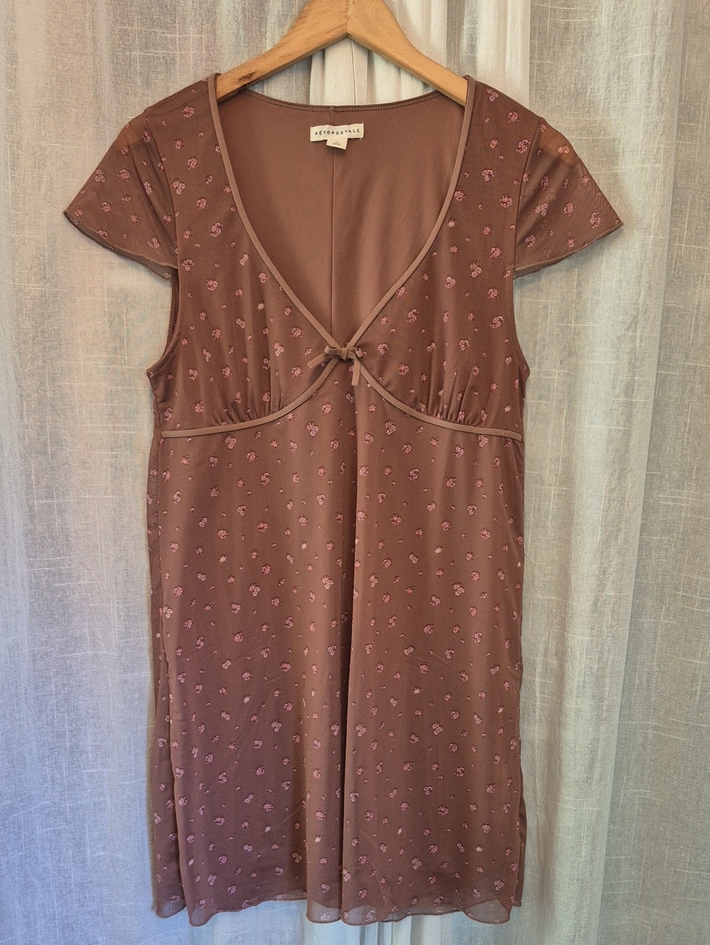 Aeropostale Brown Floral Tie-Front Short Sleeve Dress Mauve Pink